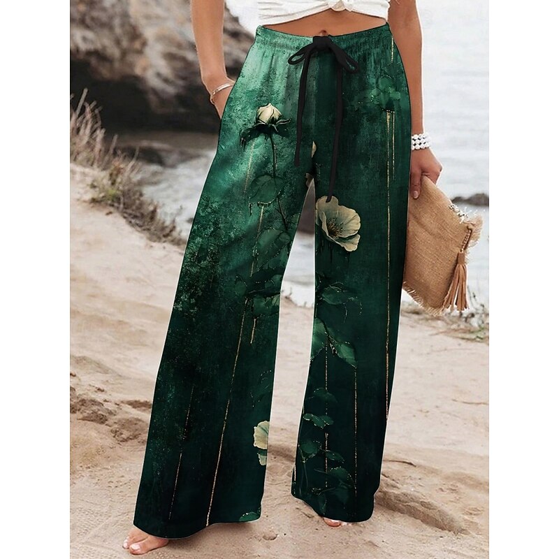 Women's Wide Leg Pants Trousers Vacation Casual Long High Waist Floral Elastic Waist Printing High Cut Breathability Soft Micro-elastic Vacation Street Daily Wear Yellow Blue Dark Green Green Spring4