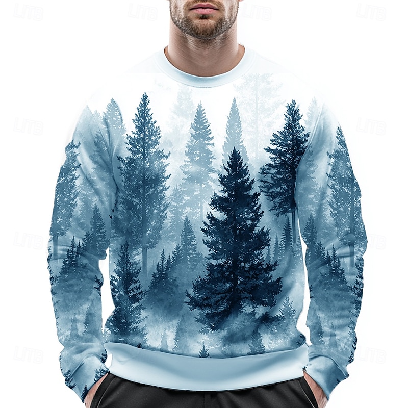 Men's Tree 3D Print Sweatshirt Casual Long Sleeve Crew Neck White Blue Crewneck 3D Graphic All Seasons Designer4