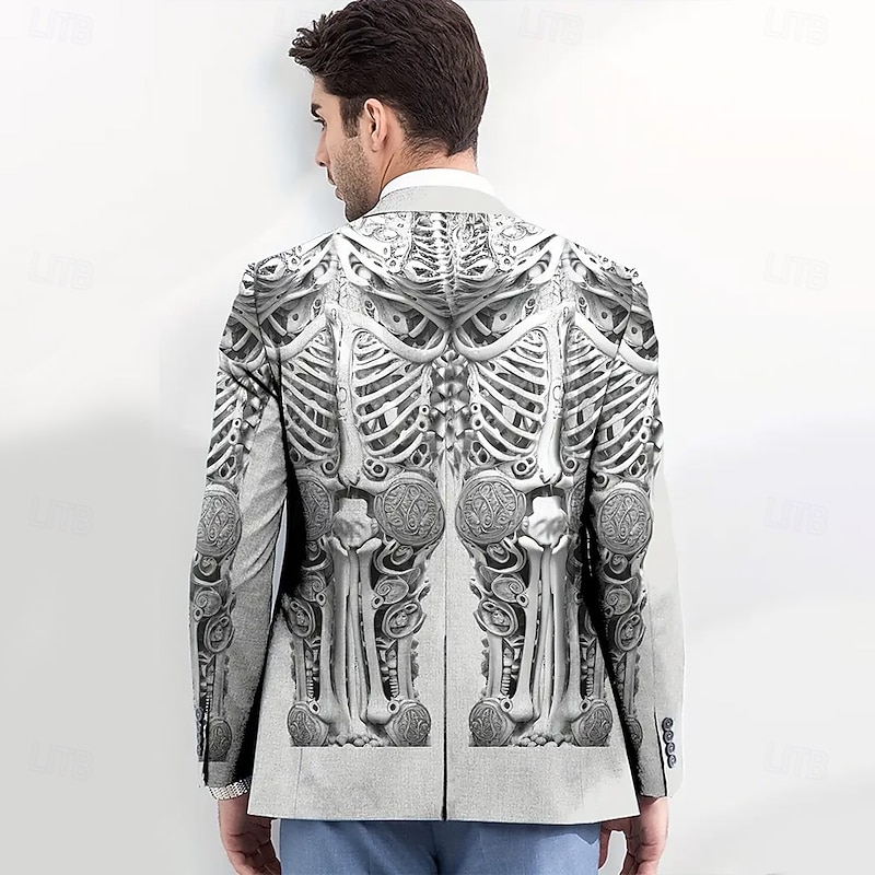 Halloween Men's Coat Blazer Outdoor Street Festival Casual Daily Modern All Seasons 100% Polyester Skeleton 3D Print Buttons Comfortable Single Breasted Blazer Brown Gray3