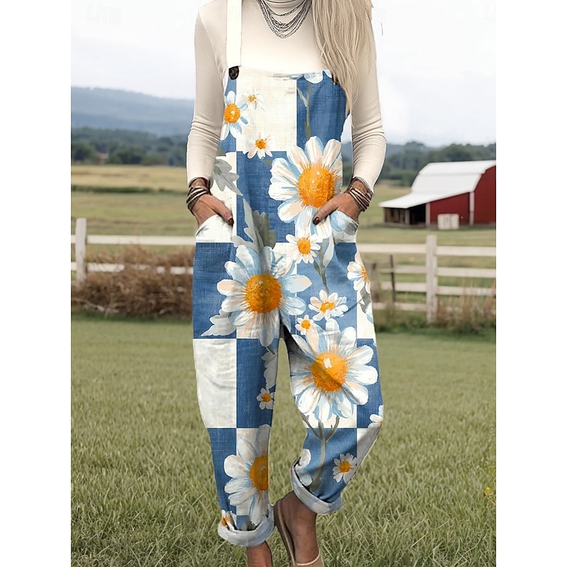 Women's Overall Active Floral Sleeveless Straight Round Neck with Pocket Vacation Daily Loose Fit Pink Blue Orange Summer4