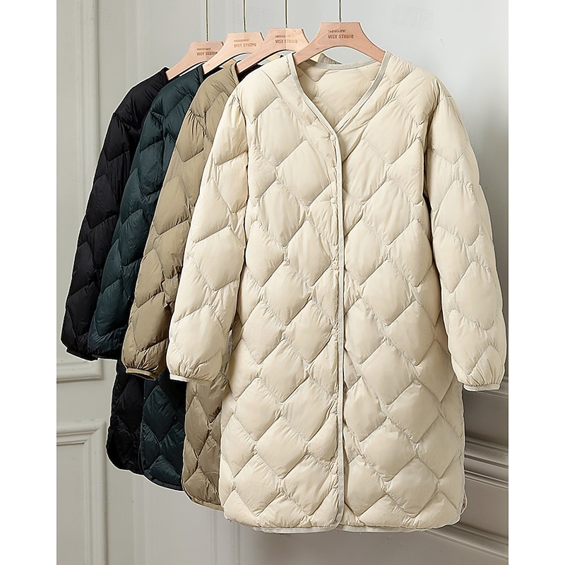 Women's Down Jacket Coat Warm Comfortable Buttons Fashion Plain Outdoor Vacation Going out Weekend Single Breasted Long V Neck Regular Fit Long Sleeve Outerwear Black Dark Green Khaki Fall Winter
