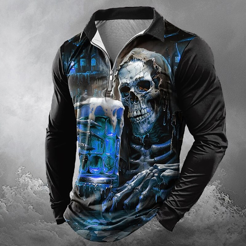 Day of the Dead Men's Skull Oktoberfest Beer Zip Polo Shirts Long Sleeve Polo Shirts Lapel Casual Horror Dark Outdoor Festival Outfit 3D Print Spring Fall Winter Black Red Blue2