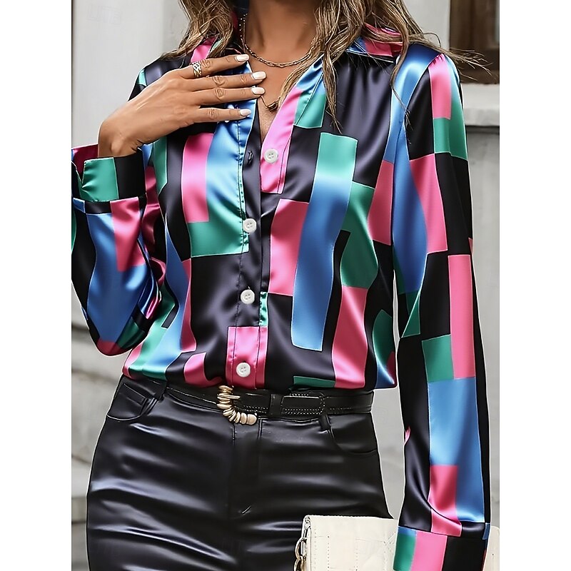 Women's Shirt Work Shirt Graphic Geometric Elegant Stylish Casual Long Sleeve Shirt Collar Regular Tops Work Daily Red Blue Spring Fall Winter