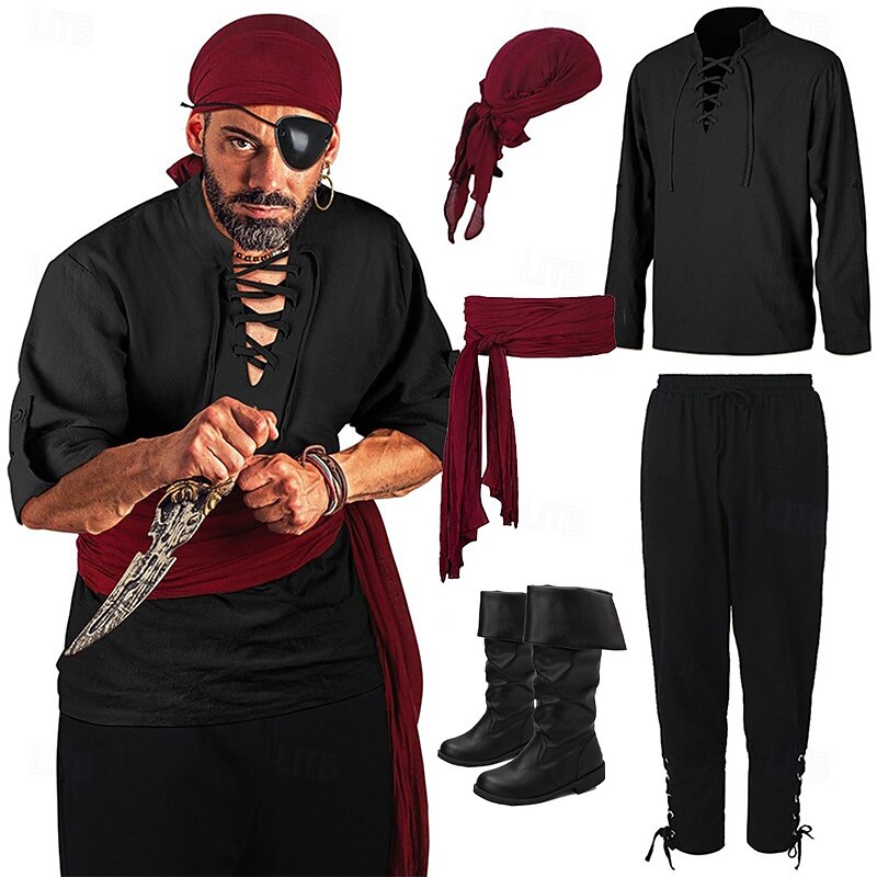Retro Vintage Medieval Renaissance Pants Boots Waist Belt Pirate Viking Ranger Fancy Dress Men's Pirate Halloween Carnival Party Adults' Shirt Pants Shoes All Seasons2