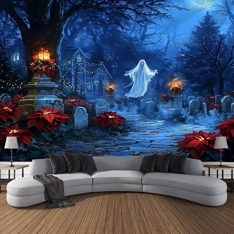 Halloween Backdrop Tapestry, Night Ghost Castle Pumpkin Witch Skeleton Wall Hanging, Large Decorative Mural for Bedroom, Living Room, Party, and Home Decoration4