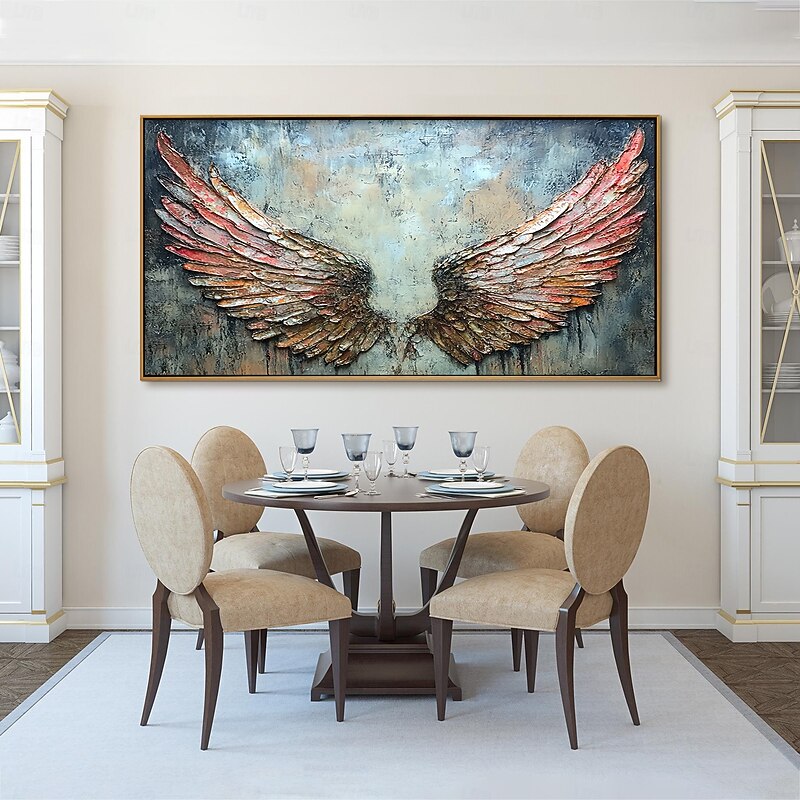 Handmade Original Colorful Colorful Wings Oil Painting On Canvas Wall Abstract Feather Painting for Home Decor With Stretched Frame/Without Inner Frame Painting