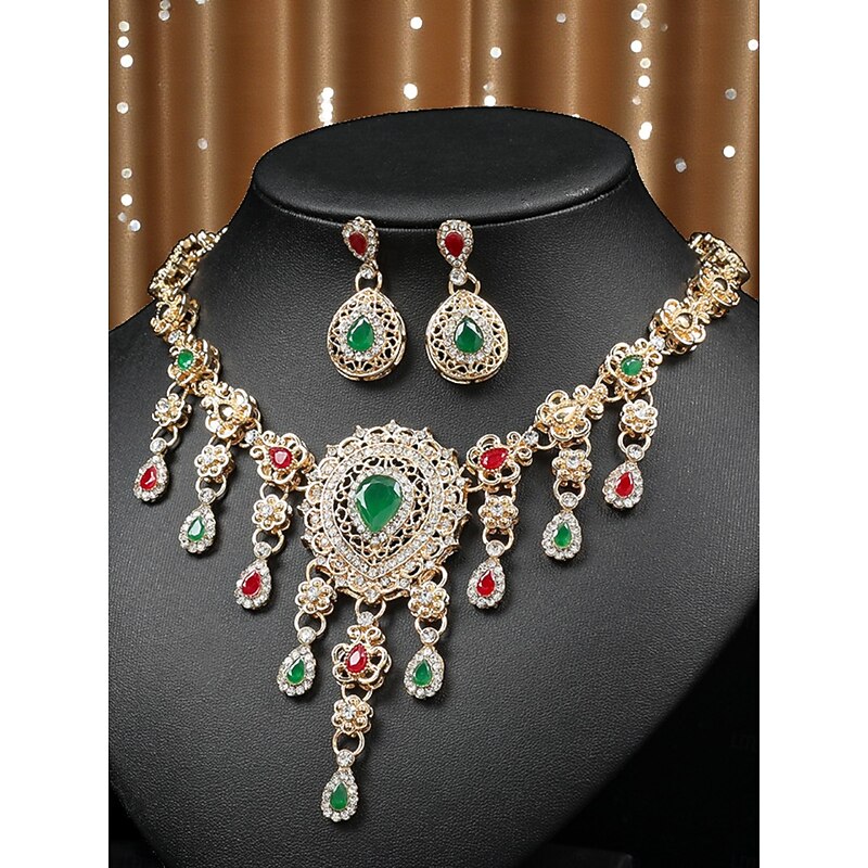 Women's Vintage Crystal Jewelry Set - 1920s Gatsby Style Green and Red Gem Necklace, Earrings, and Bracelet for Roaring Twenties Parties and Formal Events2
