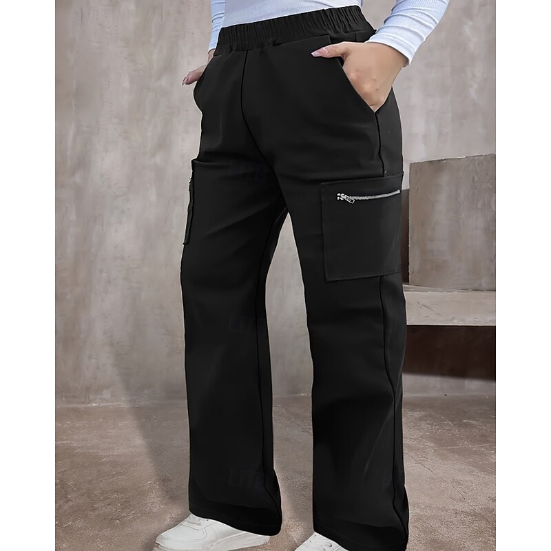 Women's Cargo Pants Slacks Casual Full Length Natural Plain Zipper Pocket Elastic Waist Comfortable Street Holiday Daily Wear Black Fall Regular Fit