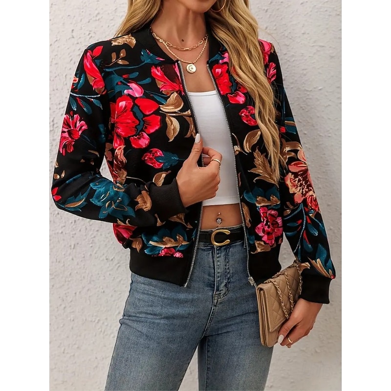 Women's Casual Jacket Warm Quick Dry Zipper Pocket Elegant Fashion Daily Simple Floral Vacation Casual Daily Holiday Short Baseball Collar Regular Fit Long Sleeve Outerwear Black White Red Spring Fall3
