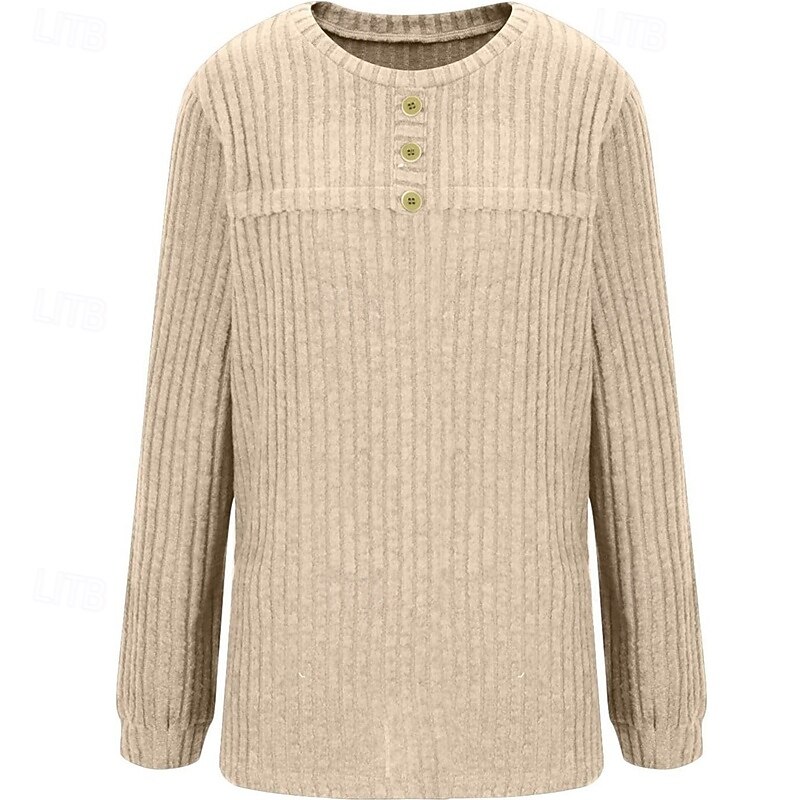 Women's Sweater Pullover Fashion Solid Color Ribbed Crew Neck Buttons Knitted Long Sleeve Regular Tops Knit Holiday Going out Weekend Black Army Green Fall2