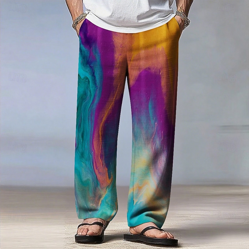 Men's Gradient Color Abstract Art Pants Trousers Casual Pants Mid Waist Drawstring Elastic Waist Bohemian Vintage Retro Outdoor Vacation Casual Straight Leg Trousers Spring Fall 3D Print Yellow Blue