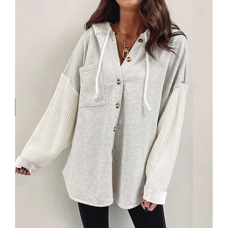 Women's Shirt Jacket Comfortable Patchwork Vintage Simple Classic Color Block School Outdoor Office Work Cardigan Regular Hoodie Loose Fit Long Sleeve Outerwear Light Pink Black Camel Spring Fall2