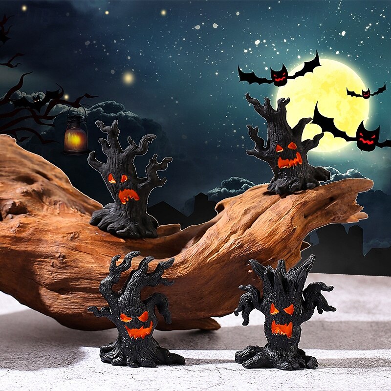 4pcs Miniature Fairy Tree Monster Figurines, Halloween Scene Decoration Accessories, Spooky Tree Ornaments for Terrariums, Micro Landscapes, Fairy Gardens