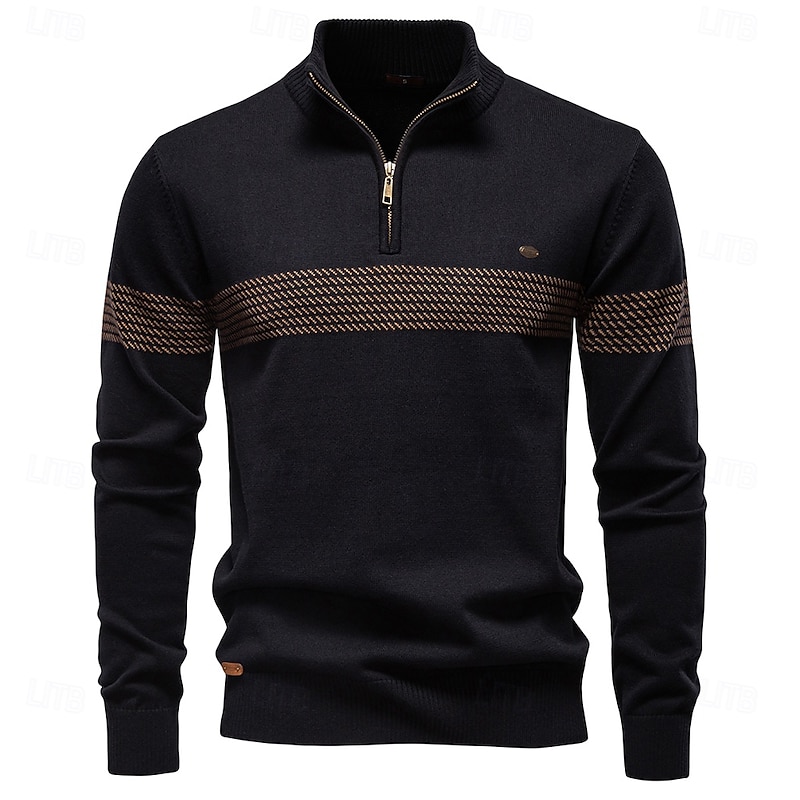 Men's Pullover Knit Regular Tops Half Zip Stripe Plain Standing Collar Cool Pullover School Vacation Clothing Apparel Spring Fall Black Dark Navy S M L