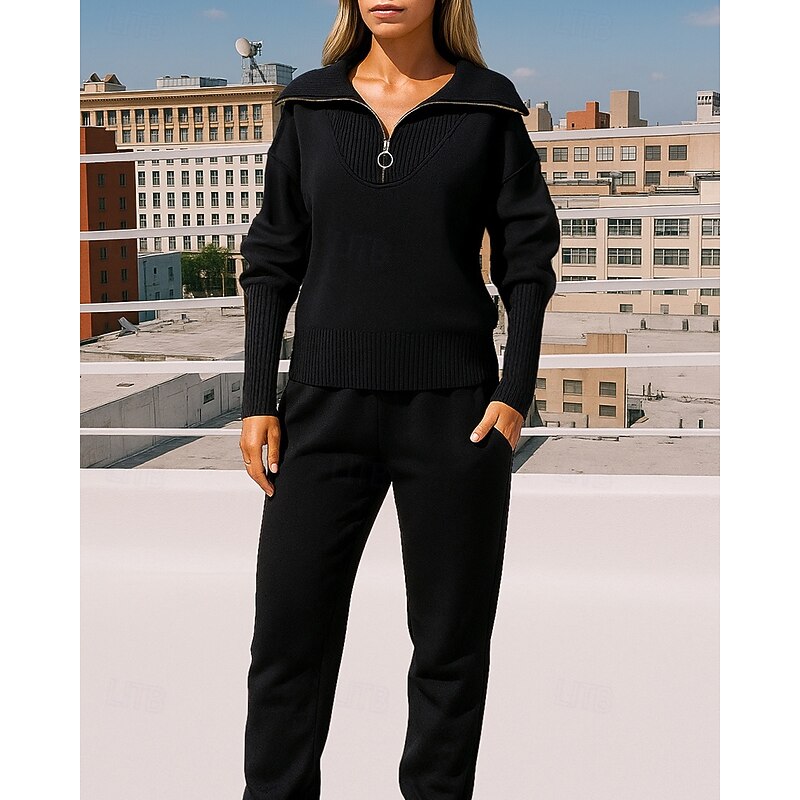 Women's Tracksuit Sweatpants Sportswear Quarter Zipper Solid Colored Clothing Suit Fall Black White Outdoor Travel Sports High Waist Long Sleeve Sport Activewear Micro-elastic Regular Fit3