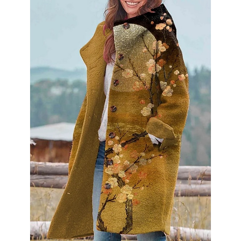 Women's Winter Jacket Fleece Jacket Coat Warm Breathable Pocket Buttons Print Active Daily Casual Scenery Vacation Street Daily Single Breasted Long Hoodie Regular Fit Long Sleeve Outerwear Yellow4