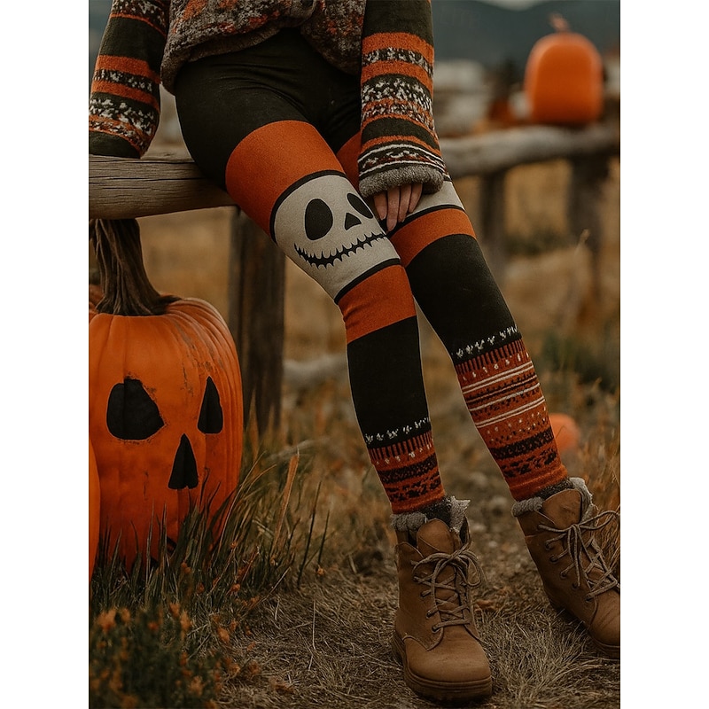 Women's Leggings Vacation Vintage Fashion Full Length High WaistPantsHalloween Graphic Pumpkin Striped Printing Thermal Warm Soft Breathable Stretchy Formal Outdoor Vacation Black Orange Green Summer