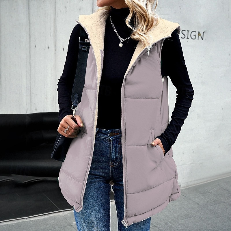 Women's Fleece Jacket Fleece Vest Teddy Coat Warm Breathable Zipper Pocket Fleece Lined Casual Plain Vacation Street Daily Wear Going out Zipper Regular Hoodie Regular Fit Sleeveless Outerwear Gray3