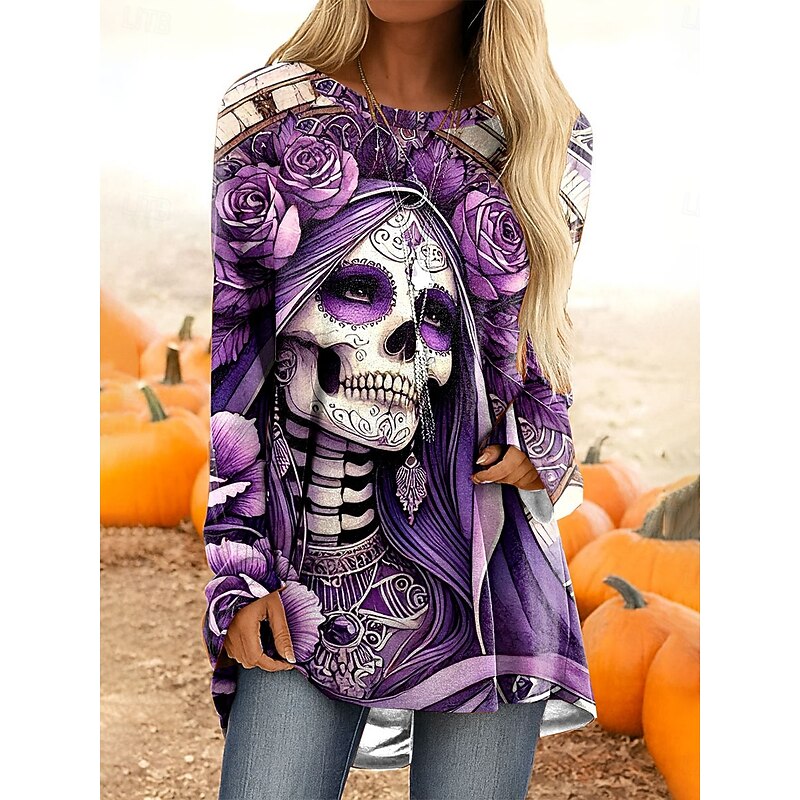 Halloween Women's T Shirt Skulls Graphic Vintage Stylish Casual Long Sleeve Crew Neck Long Tops Daily Print Red Purple Orange Khaki Spring Fall