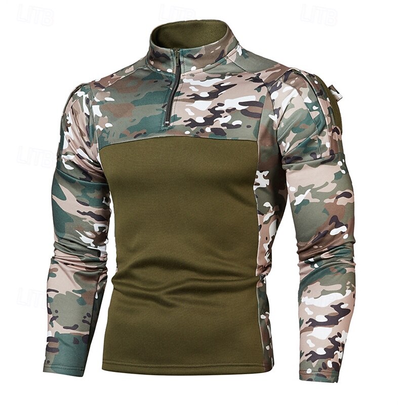 Men's Sweatshirt Quarter Zip Sweatshirt Tactical Hoodie Camo Hoodie Black Army Green Light Grey Hooded Camouflage Patchwork Zipper Sports & Outdoor Casual Daily Streetwear Cool Sportswear Spring3