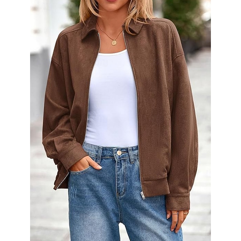 Women's Casual Jacket Comfortable Breathable Zipper Casual Plain Vacation Street Casual Daily Wear Zipper Regular Turndown Oversized Long Sleeve Outerwear Black Wine Brown Spring Fall3