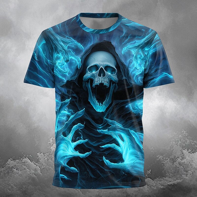 Halloween Men's Grim Reaper 3D Reaper T Shirt Short Sleeve T shirt 3D Print Crew Neck Shirt Exaggerated Designer Horror Party Street Holiday Yellow Red Blue Summer Spring All Seasons Clothing Apparel