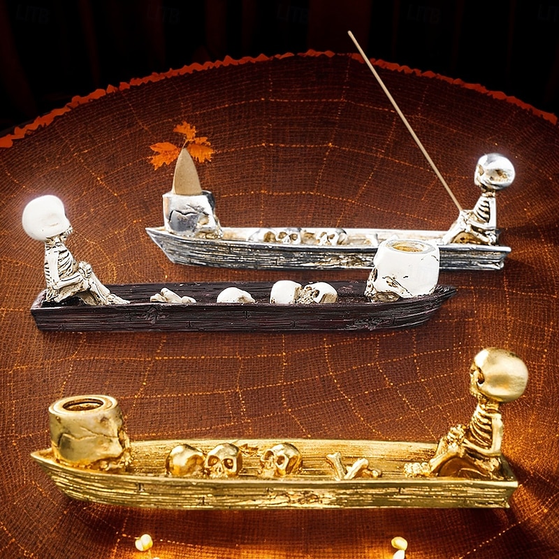 Halloween Resin Skull Boat Incense Holder, Fun Desktop Skull Decor, Incense Burner Decorative Figurine for Halloween, Day of the Dead & Spooky Theme Decorations