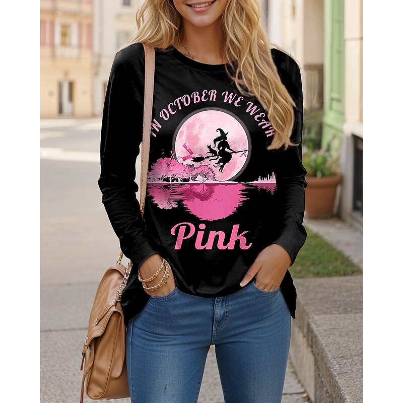 Halloween Women's T shirt Witch Graphic Letter Vintage Fashion Stylish Long Sleeve Crew Neck Regular Tops Daily Weekend Print Pink Purple Orange Green Spring Fall Winter