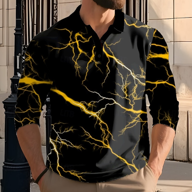 Men's Lightning Polo Long Sleeve Polo Shirts Lapel Casual Outdoor Street Athleisure Daily Wear 3D Print Buttons Spring Fall Winter Yellow Red Green3