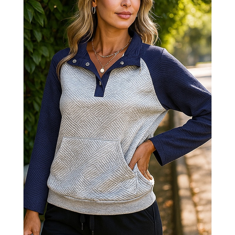 Women's Pullover Sweatshirt Casual Tops Buttons Long Sleeve Top Athleisure Fall Color Block Fashion Workout Outdoor Training Sportswear Activewear Black Blue Green3
