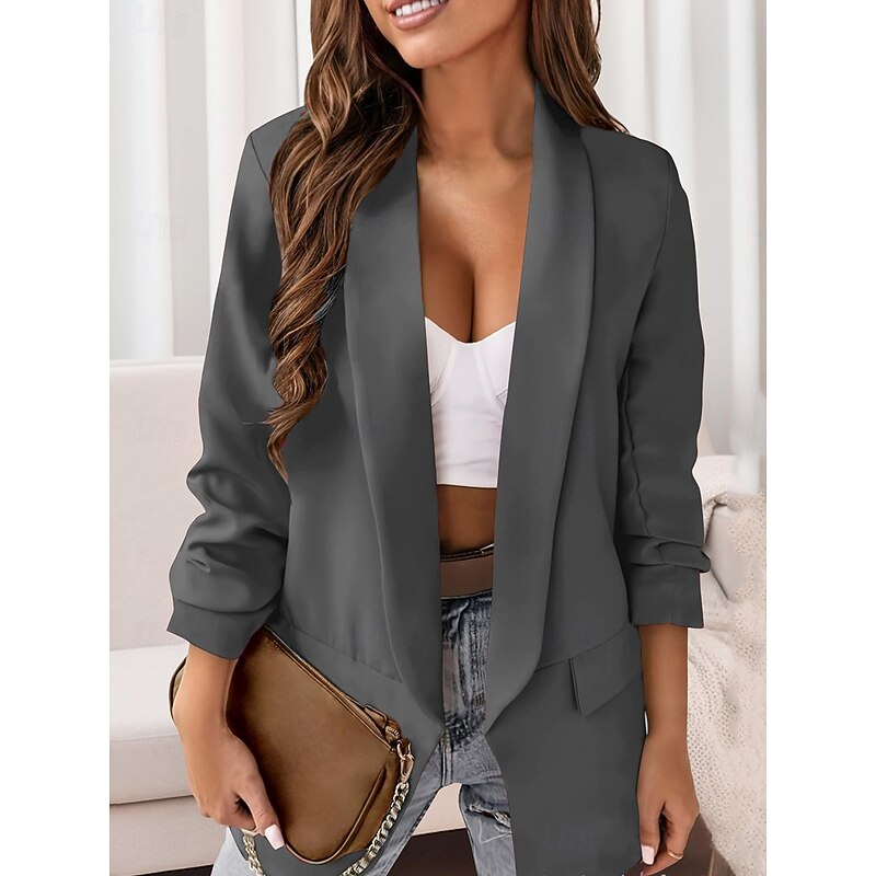 Women's Blazer Comfortable Breathable Pocket Casual Plain Office Street Casual Daily Wear Open Front Regular Turndown Regular Fit Long Sleeve Outerwear Wine Navy Blue Blue Summer Fall2