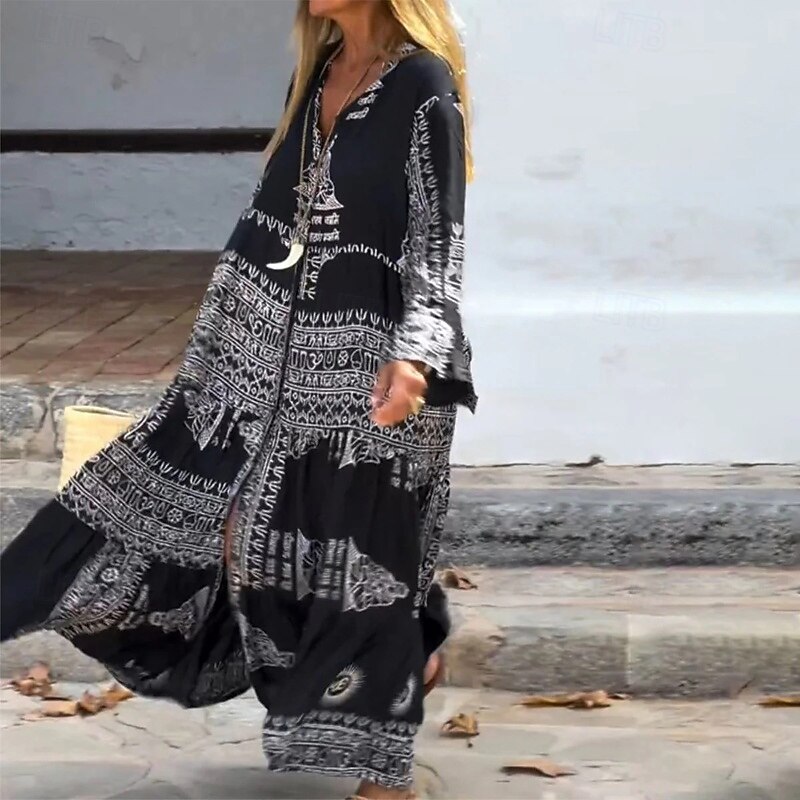 Women's Long Dress Maxi Dress Swing Dress Print Dress Fashion Modern Outdoor Vacation Going out Regular Fit Flower Long Sleeve V Neck Black Fall2