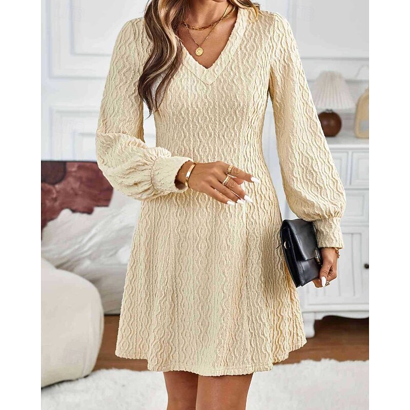 Women's Mini Dress Lace Dress Casual Dress Fashion Modern Lantern Sleeve Outdoor Vacation Going out Regular Fit Plain Long Sleeve V Neck Apricot Fall3