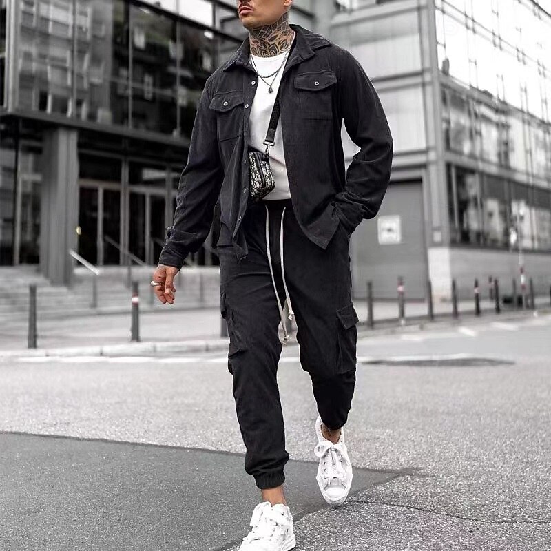 Men's Lightweight Jacket Cargo Jacket Casual Jacket Set Vacation Daily Breathability Pocket 2 Piece Spring Fall Plain Fashion Classic Lapel Regular Black Yellow Khaki Army Green Gray Jacket3