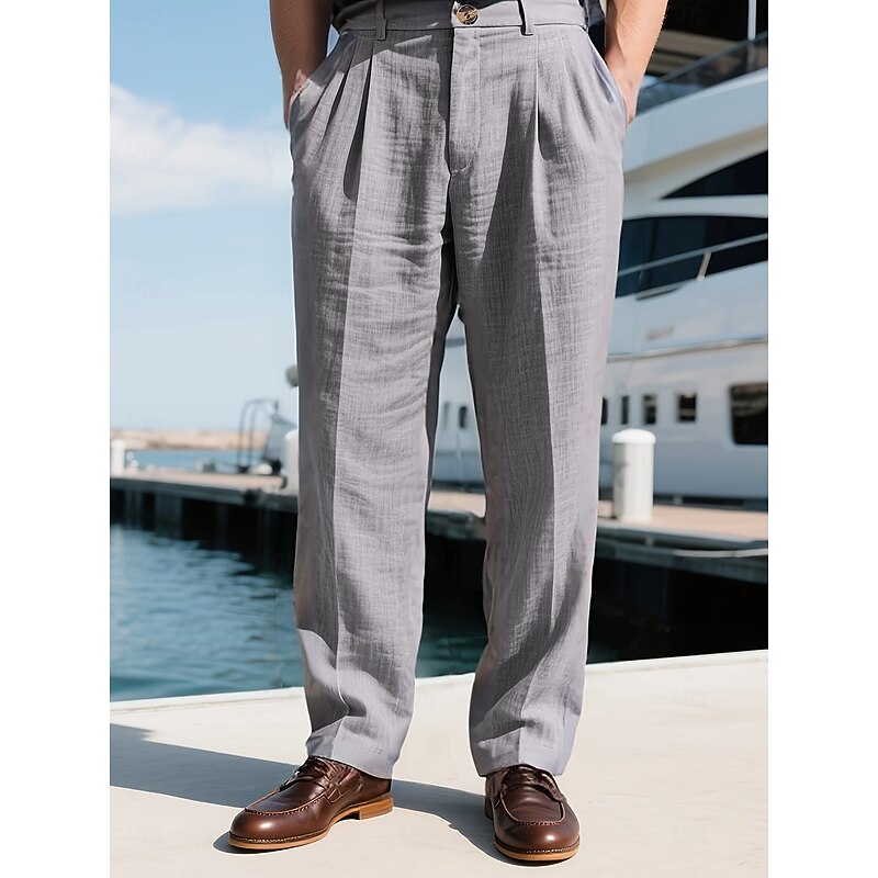 Men's Dress Pants Linen Pants Trousers Summer Pants Front Pocket Straight Leg Plain Comfort Breathable Full Length Outdoor Business Daily Vacation Fashion Black White Inelastic4