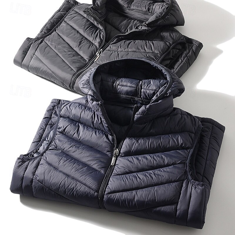 Men's Puffer Vest Vest Gilet Vacation Daily Date Fashion Casual Fall & Winter Pocket Polyester Warm Comfortable Solid Color Zipper Hooded Regular Fit Black Navy Blue Vest2