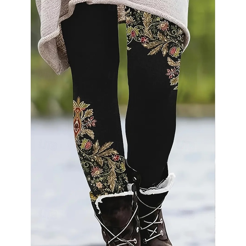 Women's Leggings Vacation Vintage Ethnic Style Ankle-Length High Waist Floral Graphic 3D Print Quick Dry Breathability Soft Stretchy Outdoor Home Causal White Red Green Khaki Spring Fall Slim Fit3