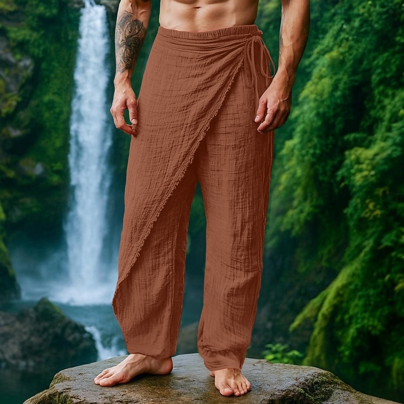 Men's Linen Pants Trousers Summer Pants Drawstring Elastic Waist Straight Leg Plain Comfort Breathable Full Length Casual Daily Holiday Vacation Fashion White Brown Micro-elastic