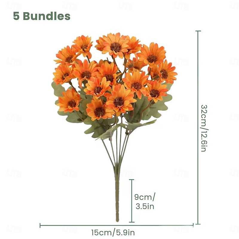 5 Bundles Fall Artificial Mums Flowers Sunset Mums, Outdoor Faux Fall Flowers with Daisies and Eucalyptus, UV Resistant Waterproof Windproof Lifelike Full Bloom Plants for Garden, Porch, Patio3