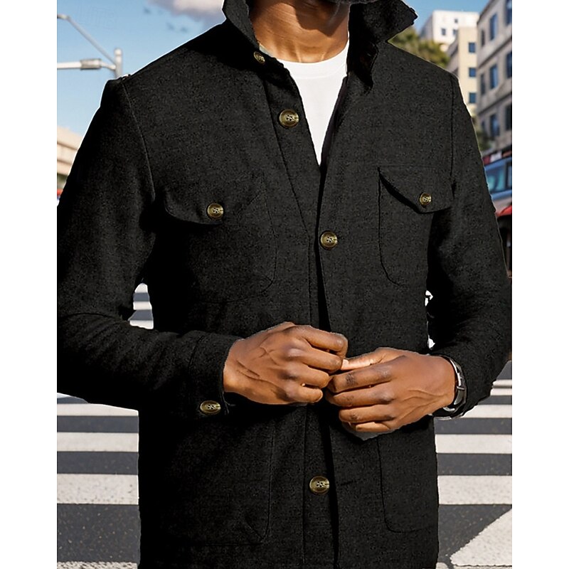Men's Lightweight Jacket Shirt Jacket Casual Jacket Shacket Vacation Daily Breathable Pocket Spring Fall Plain Fashion Classic Lapel Regular Black Brown Gray Jacket3