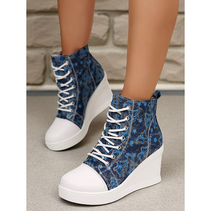 Women's Blue Denim Wedge Sneakers with Butterfly Print – Casual Lace-Up Hidden Heel Boots for Travel, Streetwear and Everyday Outfits4
