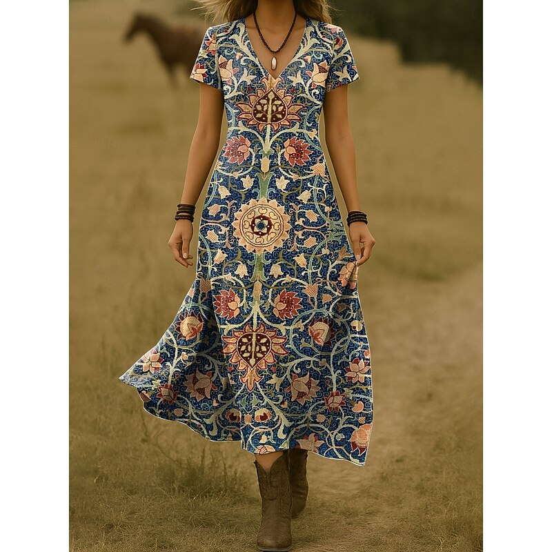 Women's Maxi Dress Casual Dress A Line Dress Summer Dress Elegant Vacation Casual Beach Regular Fit Floral Graphic Short Sleeve V Neck Pink Red Blue Orange Summer Spring