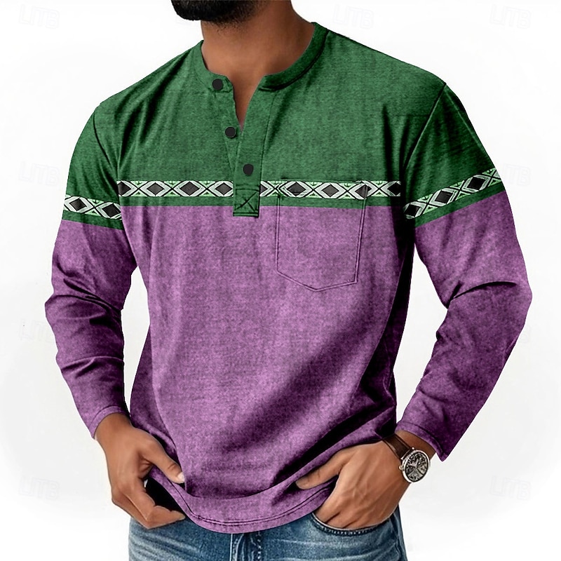 Men's Geometric Retro Ethnic Henley Shirt T shirt Tee Long Sleeve Retro Vintage Casual Casual Spring Fall Blue Green Purple Henley Henley T-Shirt