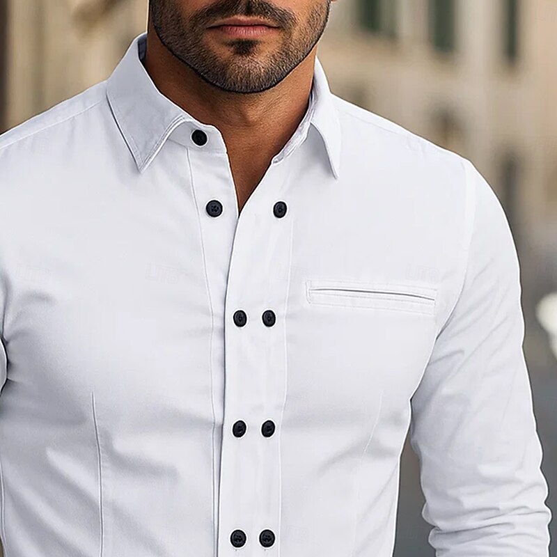 Men's Dress Shirt Plain Wedding Outdoor White Long Sleeve Turndown All Seasons Clothing Apparel Pocket3