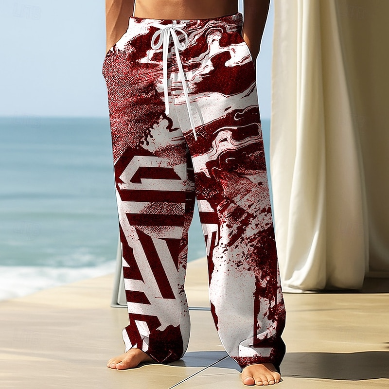 Men's Trousers Baggy Pants Casual Pants Elastic Drawstring Waist Linen-Like Pants with Pockets Geometric Abstract Art Full Length Outdoor Vacation Retro Vintage Black Wine Inelastic4
