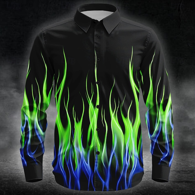Halloween Men's Flame Neon Glow Shirt Button Up Shirt Long Sleeve Dark Punk Gothic Style Outdoor Holiday Summer Spring Turndown 3D Print Collared Shirts Purple Orange Green Rose Red