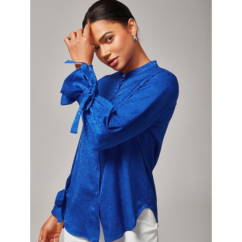 Women's Royal Blue Satin Shirt Subtle Jacquard Lustrous Satin Mini Stand Collar Bow Tie Strap Elegant Stylish Daily Work Fall