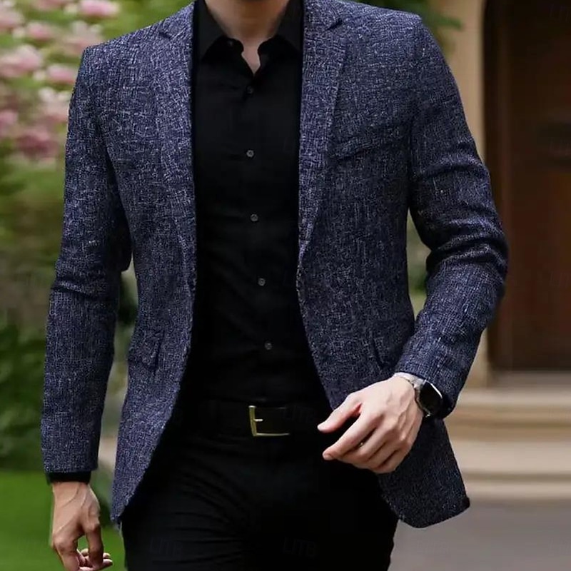 Men's Blazer Jacket Notch Collar Fashion Solid Colored Blazer Dark Blue Slim Fit Single Breasted Two-buttons
