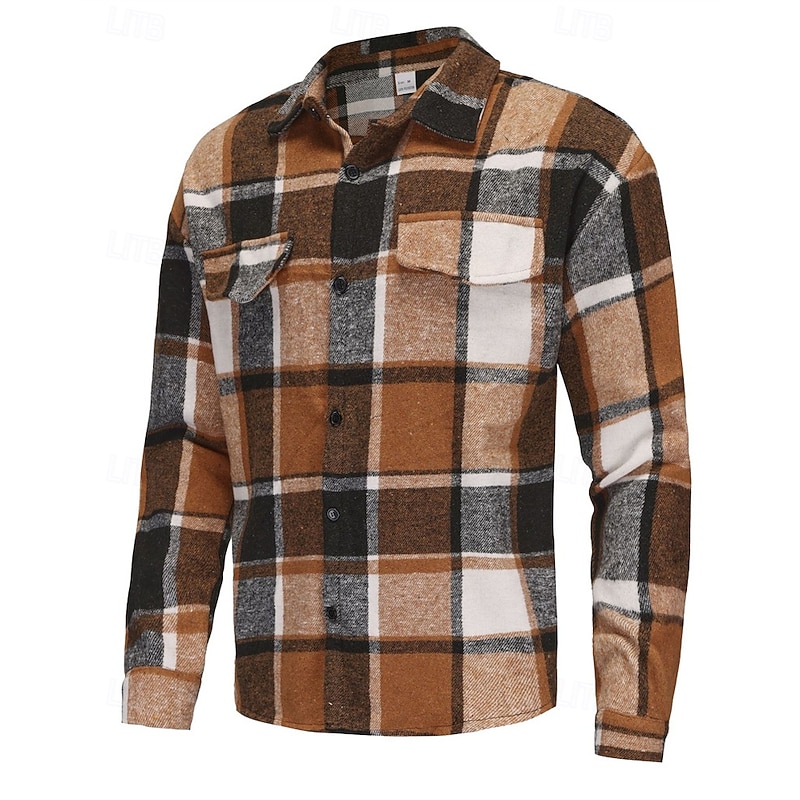 Men's Shirt Jacket Casual Jacket Vacation Daily Thermal Warm Pocket Spring Fall Plaid Fashion Classic Lapel Regular Dark Gray Yellow Orange Light Grey Rose Jacket4