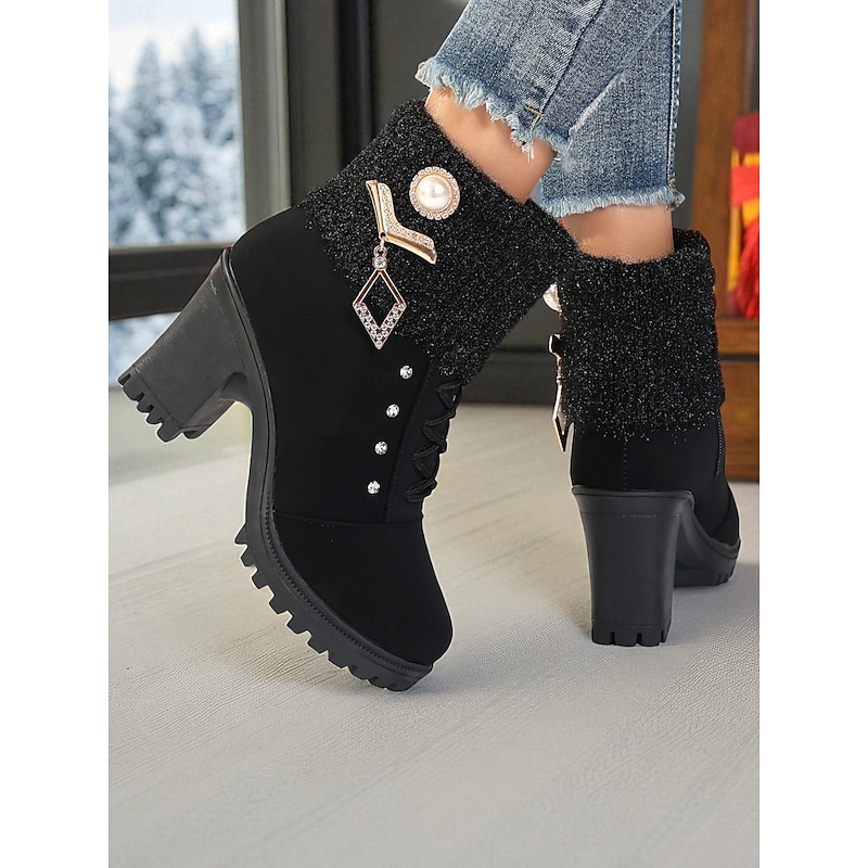 Women's Black Knit Cuff Ankle Boots with Rhinestone Lace-Up Design and Block Heels - Elegant Winter Heeled Booties for Christmas Outfits and Cold Weather Fashion3